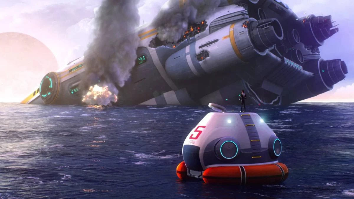 The ship Aurora crash landed with the player on an escape pod looking at it.